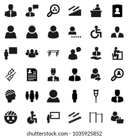 Flat vector icon set - blackboard vector, student, manager, man, personal information, horizontal bar, stairways run, client, speaking, group, disabled, crutches, head bandage, doctor, user, login