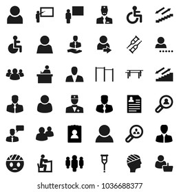 Flat vector icon set - blackboard vector, student, manager, man, personal information, horizontal bar, stairways run, client, speaking, group, disabled, doctor, crutches, head bandage, user, login