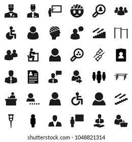 Flat vector icon set - blackboard vector, student, man, personal information, horizontal bar, stairways run, client, speaking, group, disabled, doctor, crutches, head bandage, user, login, search