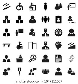 Flat vector icon set - blackboard vector, student, manager, man, personal information, horizontal bar, stairways run, client, speaking, group, disabled, doctor, crutches, head bandage, user, login