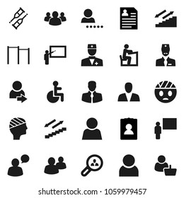 Flat vector icon set - blackboard vector, student, personal information, horizontal bar, stairways run, client, speaking man, group, disabled, doctor, crutches, head bandage, user, login, search