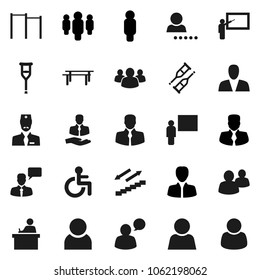 Flat vector icon set - blackboard vector, student, manager, man, horizontal bar, stairways run, client, speaking, group, disabled, crutches, doctor, user, login, consumer, customer