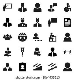 Flat vector icon set - blackboard vector, student, manager, personal information, horizontal bar, stairways run, client, speaking man, group, disabled, doctor, crutches, head bandage, user, login