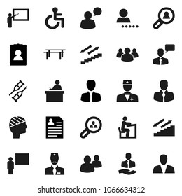 Flat vector icon set - blackboard vector, student, manager, personal information, horizontal bar, stairways run, client, speaking man, group, disabled, doctor, crutches, head bandage, login, search