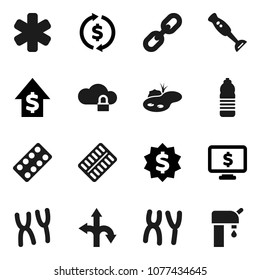 Flat vector icon set - blender vector, exchange, dollar growth, medal, monitor, water bottle, route, ambulance star, pills blister, chromosomes, cloud lock, chain, pond, supply