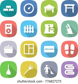 flat vector icon set - block wall vector, barometer, garage, stool, speaker, fence, coffee maker, stands for knives, pan, window, welcome mat, slippers, broom, rake, brooming, towel