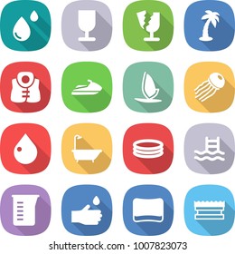 flat vector icon set - blood drop vector, fragile, broken, palm, life vest, jet ski, windsurfing, jellyfish, bath, inflatable pool, measuring cup, hand, sponge
