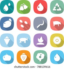 flat vector icon set - blood drop vector, flippers, recycle, lemon, seeds, sickle, pig, grape, sheep, sprouting, flower, tomato, strawberry, garden