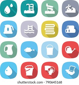 flat vector icon set - blood drop vector, pool, aquapark, surfer, kettle, towels, pipes, jug, fish, bucket, watering can, foam, wiping, floor washing