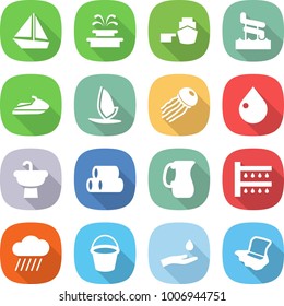 flat vector icon set - boat vector, fountain, port, aquapark, jet ski, windsurfing, jellyfish, drop, sink, pipes, jug, watering, rain cloud, bucket, hand and, floor washing
