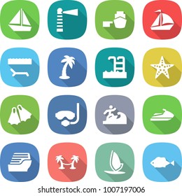 flat vector icon set - boat vector, lighthouse, port, sail, lounger, palm, pool, starfish, flippers, diving mask, surfer, jet ski, cruise ship, hammock, windsurfing, fish