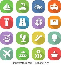 flat vector icon set - boat vector, electric car, bike, ambulance, airport tower, road, delivery, package box, sun potection, broken, escalator, baggage get, plane, conveyor