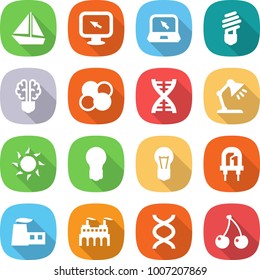 flat vector icon set - boat vector, monitor arrow, notebook, bulb, brain, atom core, dna, table lamp, sun, led, factory, cherry