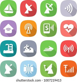 flat vector icon set - boat vector, satellite antenna, wireless, home, mobile pay, heart pulse, pool, surfer, jet ski, magnetic field, signal