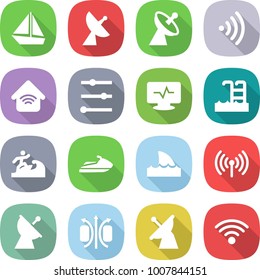 flat vector icon set - boat vector, satellite antenna, wireless, home, equalizer, monitor pulse, pool, surfer, jet ski, shark flipper, magnetic field