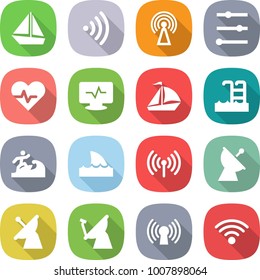 flat vector icon set - boat vector, wireless, antenna, equalizer, heart pulse, monitor, sail, pool, surfer, shark flipper, satellite