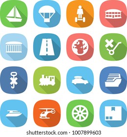 flat vector icon set - boat vector, parachute, hoverboard, airport building, road, globe, do not trolley sign, hook, train, car baggage, cruise ship, yacht, helicopter, wheel, package