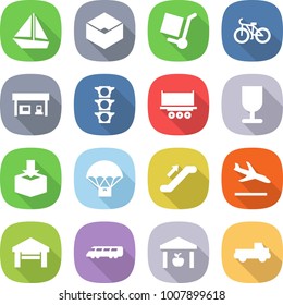flat vector icon set - boat vector, box, cargo stoller, bike, gas station, traffic light, truck shipping, fragile, package, parachute delivery, escalator, arrival, garage, speed train, warehouse