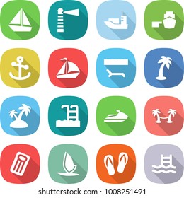 flat vector icon set - boat vector, lighthouse, sea shipping, port, anchor, sail, lounger, palm, island, pool, jet ski, hammock, inflatable mattress, windsurfing, flip flops