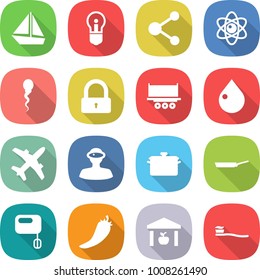 flat vector icon set - boat vector, bulb, molecule, atom, sperm, lock, truck shipping, drop, plane, vr helmet, pan, mixer, hot pepper, warehouse, tooth brush