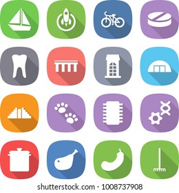 flat vector icon set - boat vector, rocket, bike, pill, tooth, bridge, building, hangare, pyramid, pets, chip, dna edit, pan, chicken leg, eggplant, rake