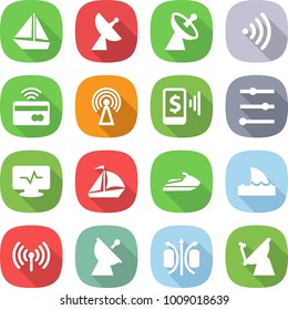 flat vector icon set - boat vector, satellite antenna, wireless, tap to pay, mobile, equalizer, monitor pulse, sail, jet ski, shark flipper, magnetic field