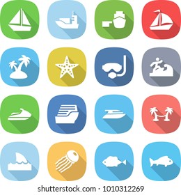 flat vector icon set - boat vector, sea shipping, port, sail, island, starfish, diving mask, surfer, jet ski, cruise ship, yacht, palm hammock, shark flipper, jellyfish, fish