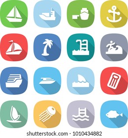 flat vector icon set - boat vector, sea shipping, port, anchor, sail, palm, pool, surfer, cruise ship, yacht, shark flipper, inflatable mattress, windsurfing, jellyfish, fish