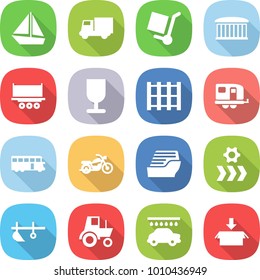 flat vector icon set - boat vector, truck, cargo stoller, airport building, shipping, fragile, pallet, trailer, bus, motorcycle, cruise ship, conveyor, plow, tractor, car wash, package