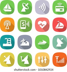 flat vector icon set - boat vector, satellite antenna, wireless, tap to pay, mobile, heart pulse, sail, pool, surfer, jet ski, setup, signal