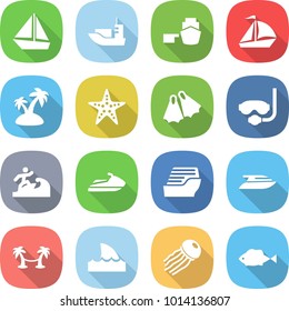 flat vector icon set - boat vector, sea shipping, port, sail, island, starfish, flippers, diving mask, surfer, jet ski, cruise ship, yacht, palm hammock, shark flipper, jellyfish, fish