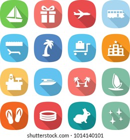 flat vector icon set - boat vector, gift, plane, bus, lounger, palm, baggage trolley, hotel, reception, yacht, hammock, windsurfing, flip flops, inflatable pool, rabbit, shining