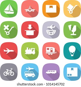 flat vector icon set - boat vector, plane, package box, trolley, do not sign, shipping, broken, train, trailer, air ballon, bike, transfer, speed