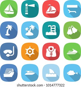 flat vector icon set - boat vector, lighthouse, sail, lounger, palm, island, pool, flippers, diving mask, handwheel, life vest, jet ski, cruise ship, yacht, shark flipper, fish