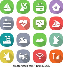 flat vector icon set - boat vector, satellite antenna, tap to pay, wireless home, equalizer, heart pulse, monitor, sail, pool, surfer, jet ski, signal