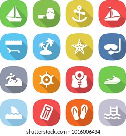 flat vector icon set - boat vector, port, anchor, sail, lounger, island, starfish, diving mask, surfer, handwheel, life vest, jet ski, shark flipper, inflatable mattress, flip flops, pool