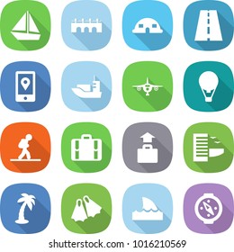 flat vector icon set - boat vector, bridge, dome house, road, mobile location, sea shipping, plane, air ballon, tourist, suitcase, baggage, hotel, palm, flippers, shark flipper, compass