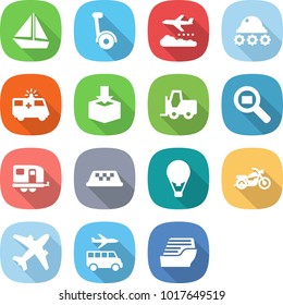 flat vector icon set - boat vector, gyroscooter, weather management, lunar rover, ambulance car, package, fork loader, cargo search, trailer, taxi, air ballon, motorcycle, airplane, transfer