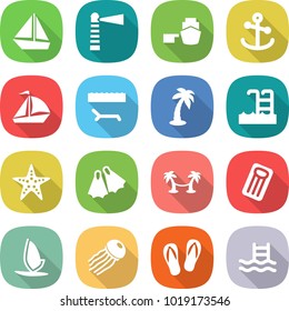 flat vector icon set - boat vector, lighthouse, port, anchor, sail, lounger, palm, pool, starfish, flippers, hammock, inflatable mattress, windsurfing, jellyfish, flip flops