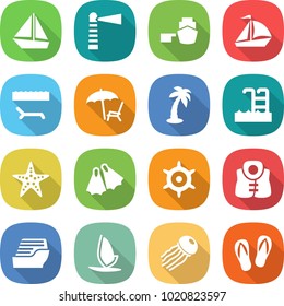 flat vector icon set - boat vector, lighthouse, port, sail, lounger, palm, pool, starfish, flippers, handwheel, life vest, cruise ship, windsurfing, jellyfish, flip flops