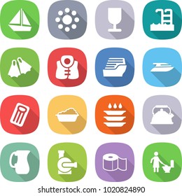 flat vector icon set - boat vector, round around, fragile, pool, flippers, life vest, cruise ship, yacht, inflatable mattress, washing, plate, kettle, jug, water pump, toilet paper, cleaning