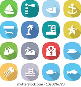 flat vector icon set - boat vector, lighthouse, sea shipping, anchor, lounger, palm, pool, starfish, flippers, surfer, life vest, yacht, jellyfish, fish
