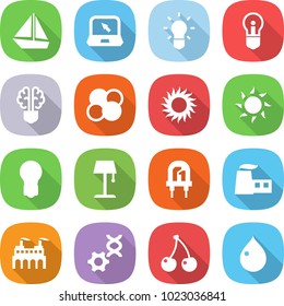 flat vector icon set - boat vector, notebook, bulb, brain, atom core, sun, floor lamp, led, factory, dna edit, cherry, drop