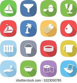 flat vector icon set - boat vector, funnel, port, broken, sail, palm, jellyfish, drop, radiator, bucket, inflatable pool, measuring cup, hand and, foam basin, toilet paper, floor washing