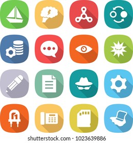 flat vector icon set - boat vector, brain, spinner, quantum bond, virtual mining, balloon, eye, virus, pencil, document, confidential, gear, led, office phone, sd card, floor washing