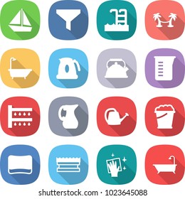 flat vector icon set - boat vector, funnel, pool, palm hammock, bath, kettle, measuring cup, watering, jug, can, foam bucket, sponge, wiping