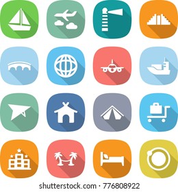 flat vector icon set - boat vector, journey, lighthouse, pyramid, bridge, globe, plane, sea shipping, deltaplane, bungalow, tent, baggage trolley, hotel, palm hammock, bed, orbit