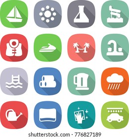 flat vector icon set - boat vector, round around, flask, aquapark, life vest, jet ski, palm hammock, water tap, pool, pipes, kettle, rain cloud, watering can, sponge, wiping, car wash