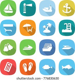 flat vector icon set - boat vector, lighthouse, sea shipping, anchor, lounger, island, pool, flippers, jet ski, cruise ship, yacht, inflatable mattress, flip flops, fish