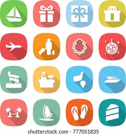 flat vector icon set - boat vector, gift, hi quality package, plane, passenger, hawaiian wreath, disco ball, aquapark, reception, golf, yacht, palm hammock, windsurfing, flip flops, cake